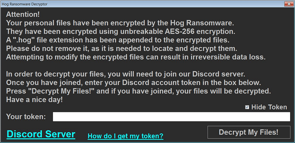 Το νέο Hog ransomware αποκρυπτογραφεί αρχεία θυμάτων μόνο αν συνδεθούν στον Discord server του προγραμματιστή του
