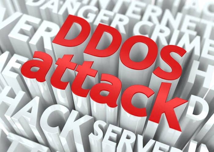 DDOS Attack Concept. The Word of Red Color Located over Text of White Color.