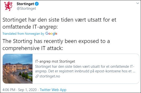 Κοινοβούλιο Νορβηγίας χάκερς- tweet